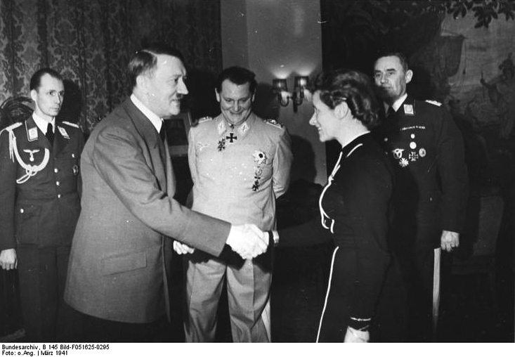Adolf Hitler greets Hanna Reitsch and awards her with the iron cross 2nd class